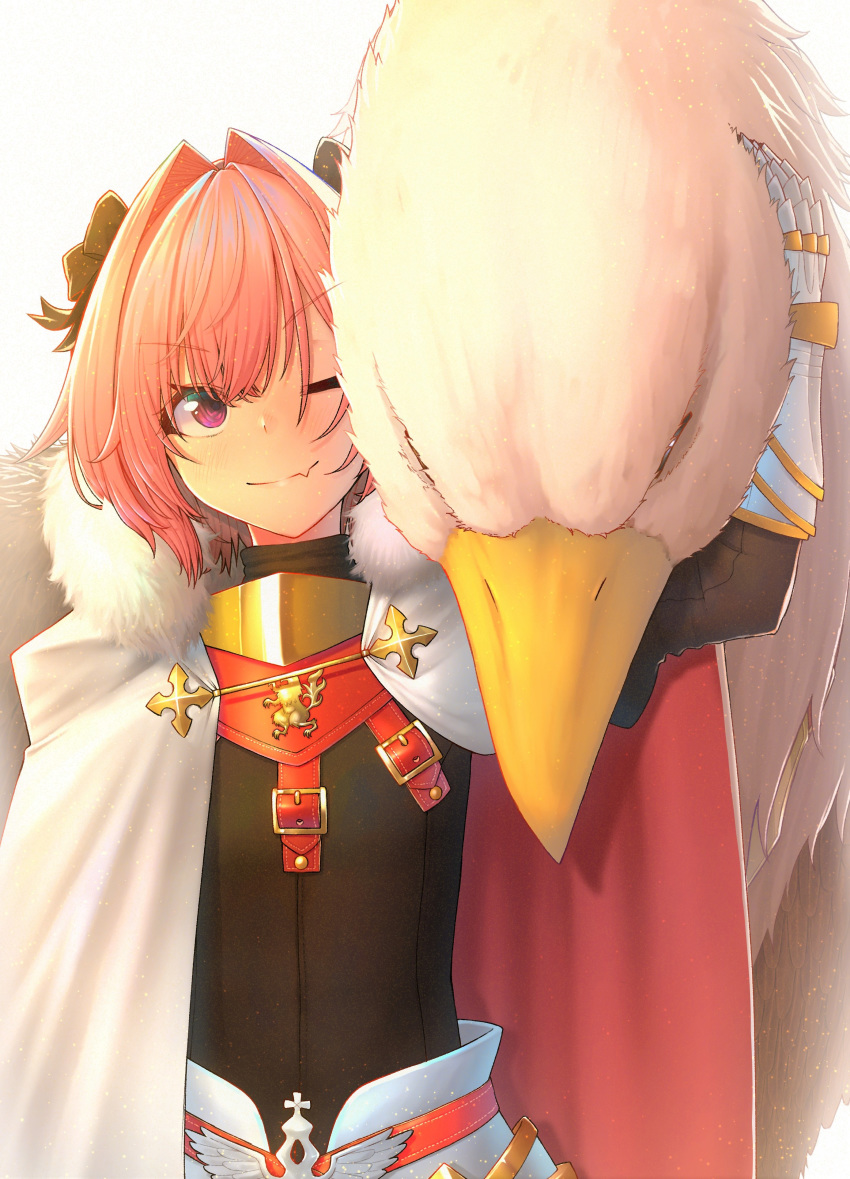1boy absurdres astolfo_(fate) bangs bird black_bow blush bow braid cape commentary_request eyebrows_visible_through_hair fang fate/apocrypha fate_(series) fur_collar fur_trim gauntlets griffin hair_intakes hair_ribbon highres looking_at_viewer male_focus one_eye_closed otoko_no_ko pink_hair ribbon short_hair simple_background single_braid skin_fang smile tihoro1609 violet_eyes white_background white_cape