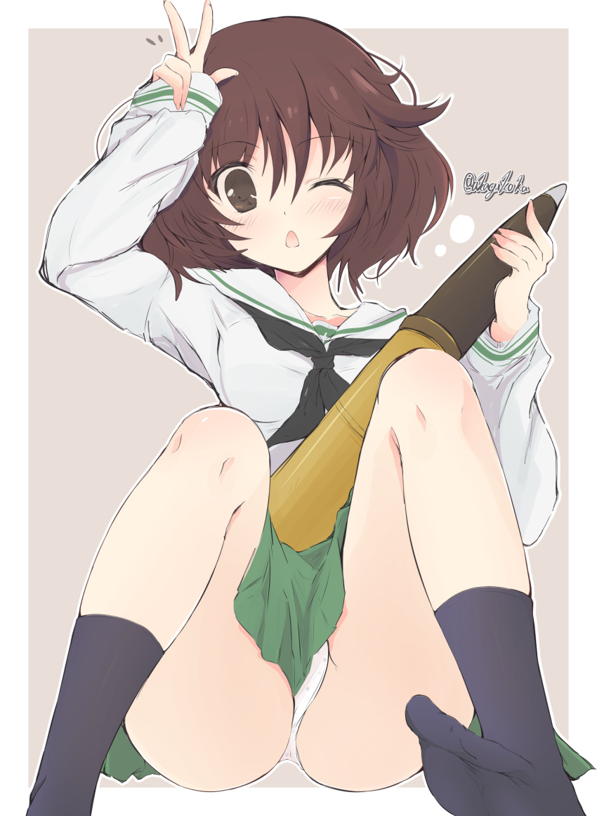 1girl ;o akiyama_yukari bangs black_legwear black_neckwear blouse brown_eyes brown_hair commentary eyebrows_visible_through_hair getsumen_suibaku_ver._a(c) girls_und_panzer green_skirt highres holding long_sleeves looking_at_viewer messy_hair miniskirt neckerchief no_shoes one_eye_closed ooarai_school_uniform open_mouth outline outside_border panties pantyshot pleated_skirt school_uniform serafuku short_hair sitting skirt socks solo tank_shell triangle_mouth twitter_username underwear w white_blouse white_outline white_panties