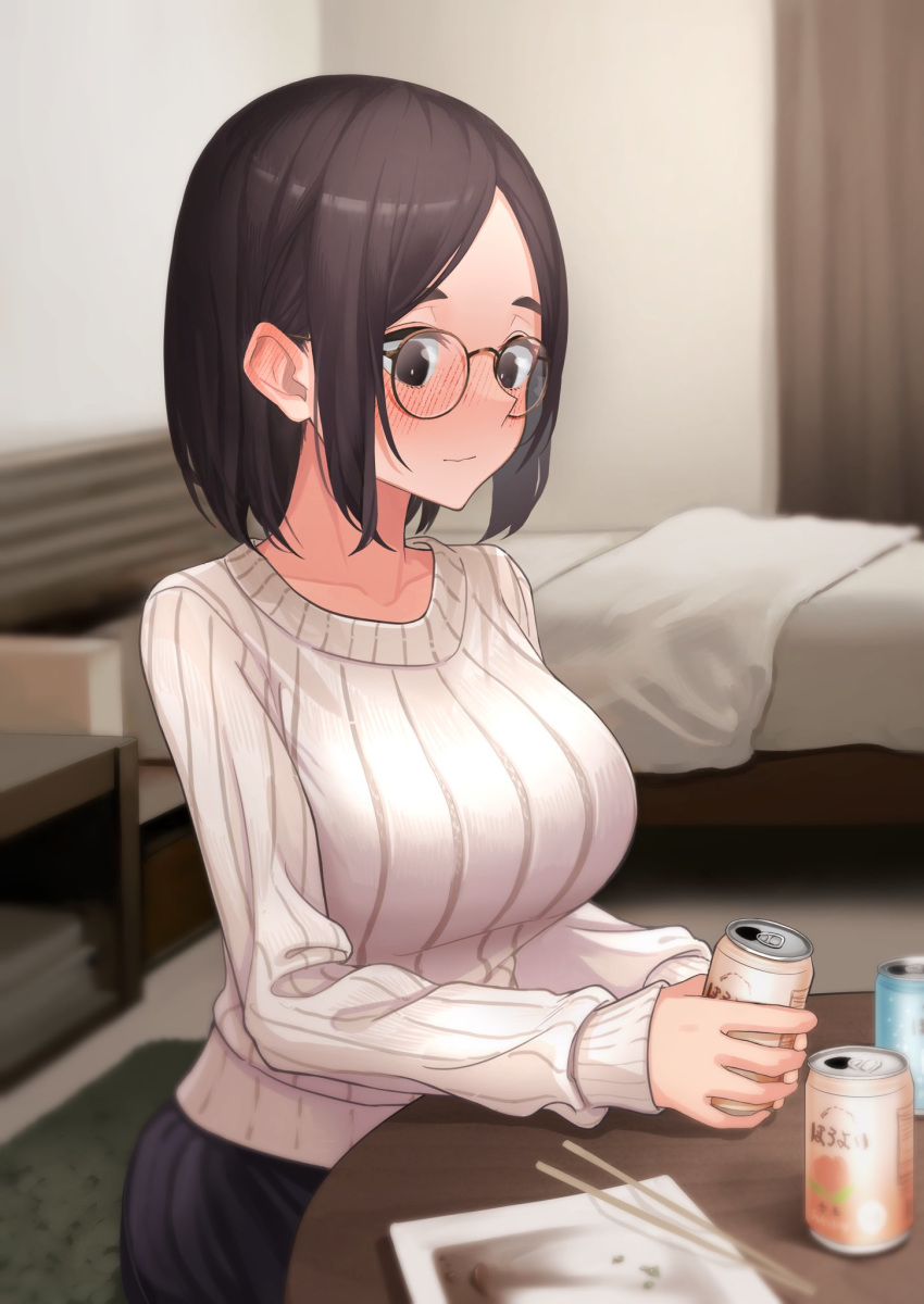 1girl alcohol bangs bed bedroom blush breasts brown_hair can chopsticks closed_mouth commentary_request glasses highres holding holding_can indoors kmtkmatuka large_breasts original parted_bangs plate ribbed_sweater short_hair sidelocks sitting smile sweater table white_sweater
