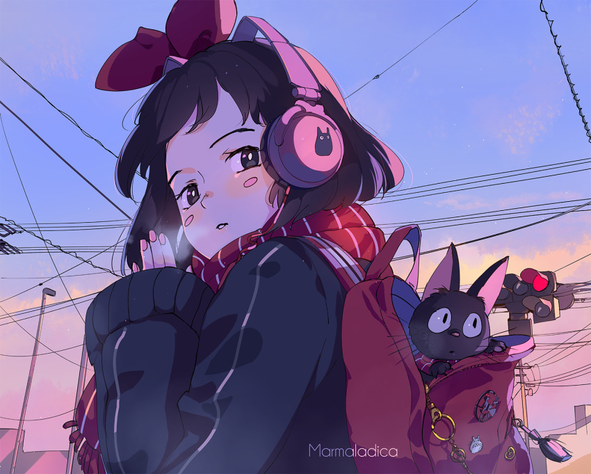 1girl alternate_costume animal artist_name backpack bag bangs black_eyes black_hair black_jacket blush_stickers bow breath cat charm_(object) commentary english_commentary fingernails hair_bow headphones highres jacket jiji_(majo_no_takkyuubin) kiki looking_at_viewer majo_no_takkyuubin marmalade_(elfless_vanilla) pink_nails power_lines red_bow red_scarf scarf short_hair sky sleeves_past_wrists striped striped_scarf traffic_light