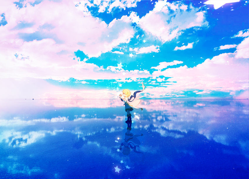 1boy baocaizi blonde_hair blue_footwear blue_sky boots closed_eyes clouds cloudy_sky day fate/requiem fate_(series) highres holding horizon jacket male_focus ocean outdoors profile reflection shorts sky solo standing star voyager_(fate/requiem) water white_jacket white_shorts wide_shot