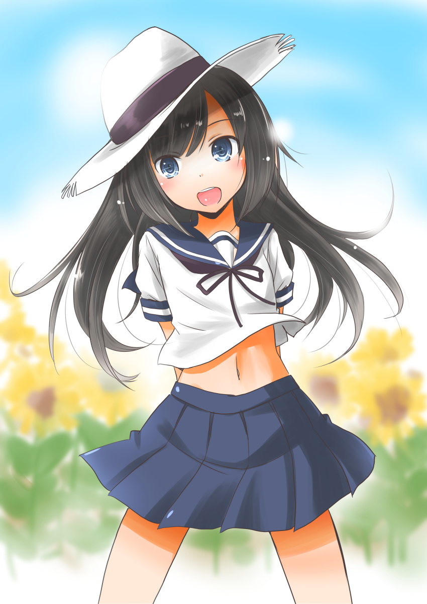1girl absurdres arms_behind_back asashio_(kantai_collection) black_hair black_neckwear blue_eyes blue_sailor_collar blue_skirt blurry commentary_request cosplay cowboy_shot depth_of_field flower fubuki_(kantai_collection) fubuki_(kantai_collection)_(cosplay) hat highres kantai_collection long_hair looking_at_viewer navel neckerchief pleated_skirt sailor_collar school_uniform serafuku skirt smile solo sun_hat sunflower taisinkoku white_headwear