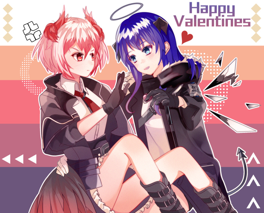 2girls :d anger_vein arknights bangs black_gloves black_jacket blue_eyes blue_hair blush boots chinese_commentary commentary_request feet_out_of_frame fur-trimmed_jacket fur_trim gloves grey_footwear hair_between_eyes halo happy_valentine heart highres horns jacket long_hair long_sleeves looking_at_another mostima_(arknights) multicolored multicolored_background multiple_girls necktie open_mouth outline pink_background pink_eyes pink_hair purple_background red_neckwear shirt short_hair sitting smile starstarstar_(xhouxing) suffering_(arknights) tail thighs valentine white_background white_outline white_shirt yuri