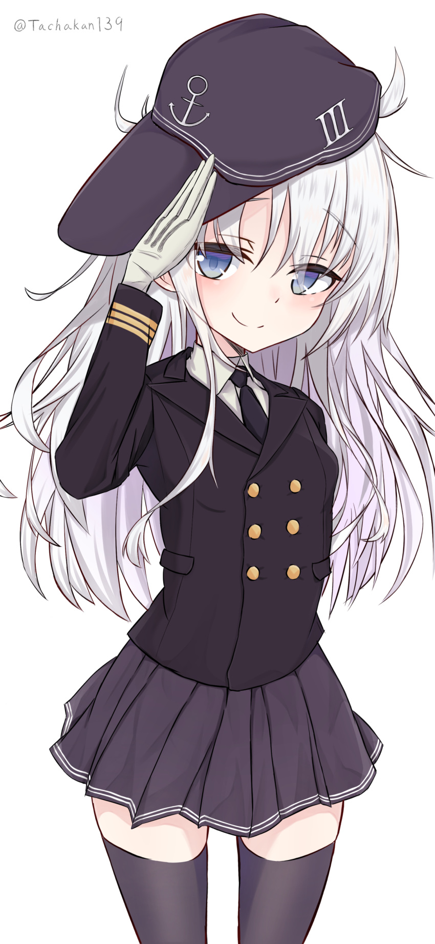 1girl absurdres alternate_costume anchor_symbol black_headwear black_jacket black_neckwear black_skirt blue_eyes cowboy_shot double-breasted flat_cap hat hibiki_(kantai_collection) highres jacket kantai_collection long_hair looking_at_viewer military military_uniform neckerchief salute silver_hair simple_background skirt solo tachakan thigh-highs twitter_username uniform white_background