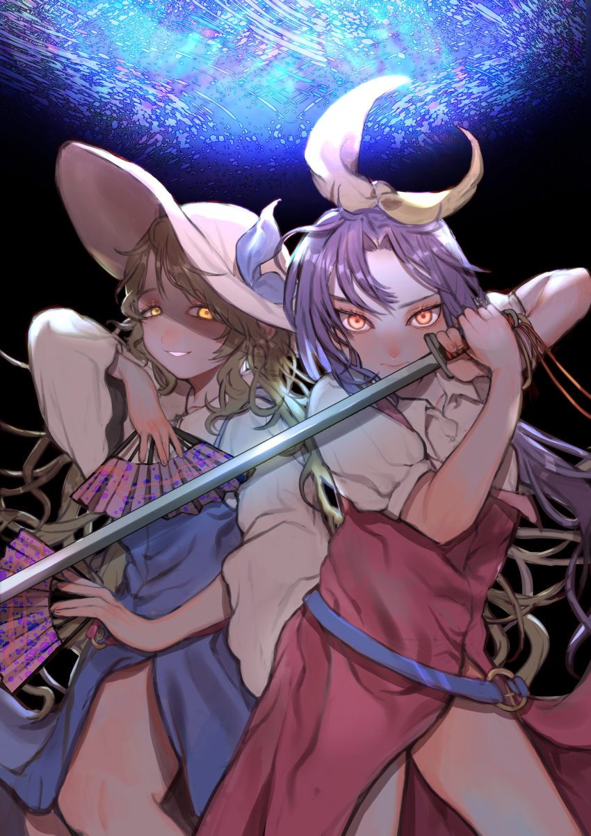 2girls absurdres blonde_hair fan glowing glowing_eyes hair_ribbon hat highres long_hair mi_ri_000 multiple_girls no_pants purple_hair red_eyes ribbon silent_sinner_in_blue sword touhou watatsuki_no_toyohime watatsuki_no_yorihime weapon yellow_eyes