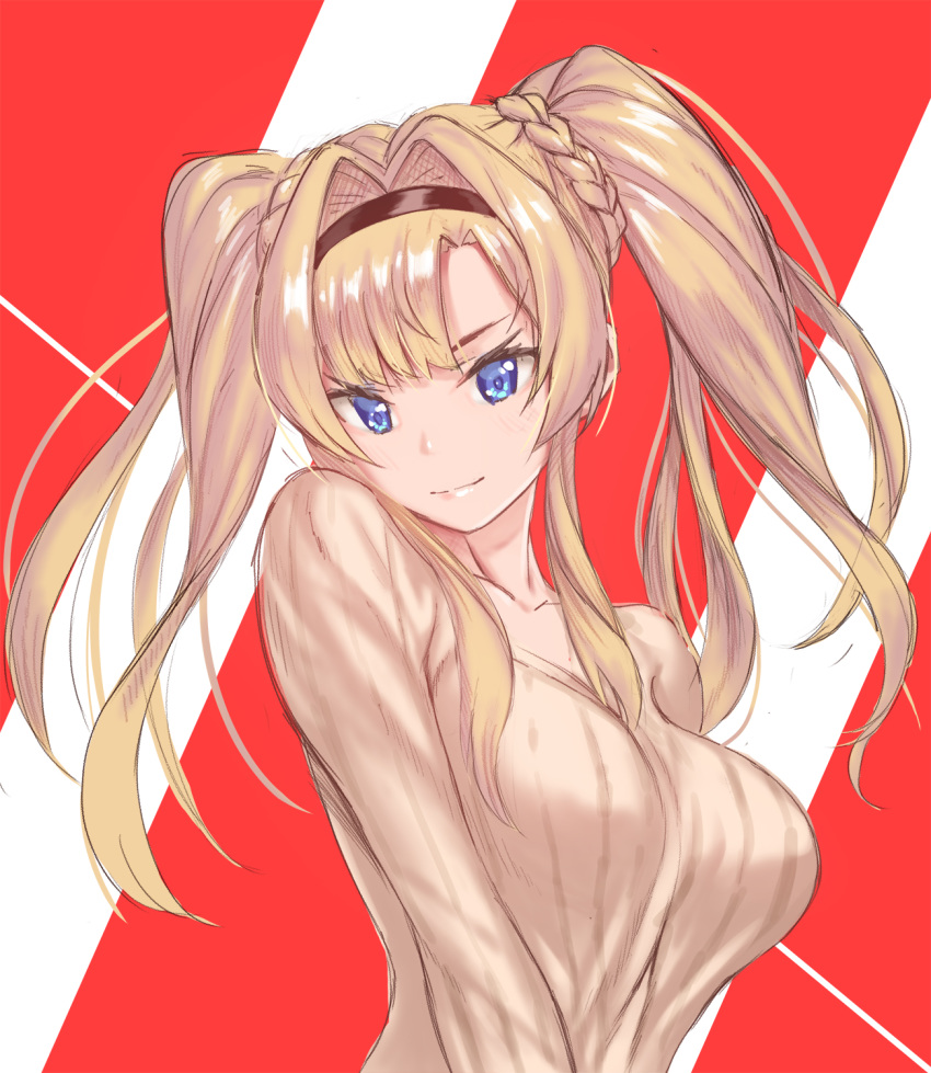 1girl bangs beige_sweater blonde_hair blue_eyes braid breasts closed_mouth collarbone granblue_fantasy hair_intakes hairband highres large_breasts long_hair long_sleeves looking_at_viewer red_background ribbed_sweater sidelocks smile striped striped_background sweater tekkai_blade twintails white_background zeta_(granblue_fantasy)