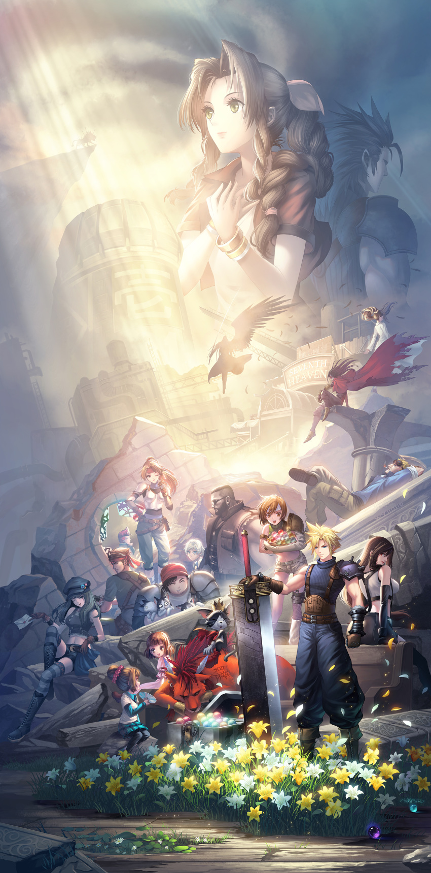 6+boys 6+girls absurdres aerith_gainsborough barret_wallace bench betty_(ff7) biggs_(ff7) broken_glass buster_sword cait_sith chadley_(ff7) cloud_strife clouds cloudy_sky copyright_name diamond_dust everyone final_fantasy final_fantasy_vii final_fantasy_vii_remake flower glass highres jessie_rasberry johnny_(ff7) kyrie_canaan light_rays lily_(flower) lucrecia_crescent marlene_wallace multiple_boys multiple_girls outdoors overcast pew plant planted_sword planted_weapon red_xiii ruins scenery sephiroth single_wing sky smoke sunbeam sunlight sword tifa_lockhart tower vincent_valentine weapon wedge_(ff7) wings wooden_floor yuffie_kisaragi zack_fair
