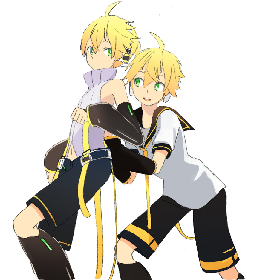 2boys arm_warmers bare_shoulders behind_another belt black_collar black_shorts black_sleeves blonde_hair collar d_futagosaikyou detached_sleeves dual_persona feet_out_of_frame from_side hands_on_another's_back headphones high_collar highres kagamine_len kagamine_len_(append) leaning_forward leg_warmers looking_at_another male_focus multiple_boys navel neckerchief necktie open_mouth sailor_collar school_uniform shirt short_ponytail short_sleeves shorts sleeveless sleeveless_shirt smile spiky_hair standing vocaloid vocaloid_append white_shirt