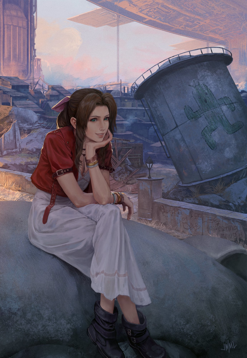 1girl aerith_gainsborough bow bracelet braid brown_hair chin_rest cityscape cropped_jacket crossed_legs dress final_fantasy final_fantasy_vii full_body green_eyes hair_ribbon highres jacket jewelry justin_leyva_(steamy_tomato) long_hair outdoors pink_bow red_jacket ribbon scenery sitting smile solo