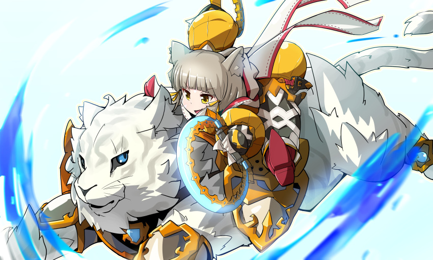 1girl :d absurdres animal_ears bangs blue_eyes byakko_(xenoblade) cat_ears chakram dagger facial_mark full_body gloves highres niyah open_mouth re_saisei riding short_hair silver_hair smile swinging tiger weapon white_gloves white_tiger xenoblade_(series) xenoblade_2 yellow_eyes