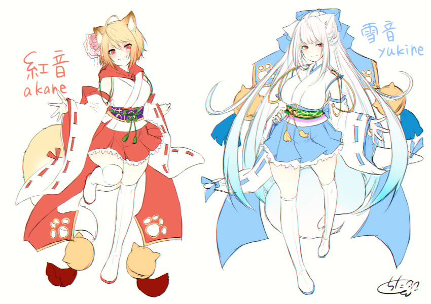 2girls ahoge animal_ear_fluff animal_ears bangs bare_shoulders bell blonde_hair blue_bow blue_hair blue_sky blush boots bow breasts chita_(ketchup) closed_mouth commentary_request detached_sleeves eyebrows_visible_through_hair flower fox_ears fox_girl fox_tail gradient_hair grin hair_between_eyes hair_bow hair_flower hair_ornament highres japanese_clothes jingle_bell kimono long_hair long_sleeves medium_breasts multicolored_hair multiple_girls original pink_flower pink_rose pleated_skirt red_eyes red_skirt ribbon-trimmed_sleeves ribbon_trim rose short_eyebrows signature skirt sky sleeveless sleeveless_kimono sleeves_past_wrists small_breasts smile standing standing_on_one_leg tail thick_eyebrows thigh-highs thigh_boots very_long_hair white_footwear white_hair white_kimono white_legwear wide_sleeves