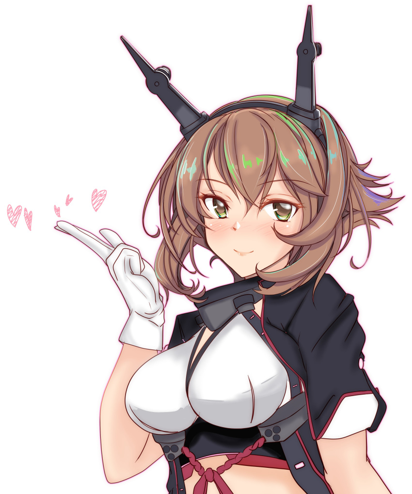1girl absurdres breasts brown_hair commentary_request cropped_jacket gloves green_eyes hairband headgear heart highres index_finger_raised kantai_collection large_breasts midriff mutsu_(kantai_collection) nitamago_(sakamalh) radio_antenna short_hair simple_background solo upper_body white_background white_gloves