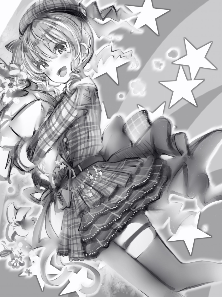1girl :d absurdres belt blush bouquet dutch_angle eyebrows_visible_through_hair flower greyscale hair_between_eyes hair_ribbon hat highres holding hololive hoshimachi_suisei layered_skirt leg_belt looking_at_viewer monochrome nanashi_(nlo74593630) open_mouth ribbon skirt smile solo standing star_(symbol) thigh-highs