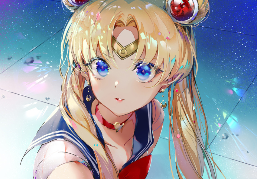 1girl bangs bishoujo_senshi_sailor_moon blonde_hair blue_eyes blue_sailor_collar bow choker circlet collarbone commentary crescent crescent_earrings derivative_work double_bun earrings eyebrows_visible_through_hair hair_ornament hair_over_shoulder heart heart_choker jewelry kinokohime long_hair parted_bangs parted_lips red_bow red_choker sailor_collar sailor_moon sailor_moon_redraw_challenge sailor_senshi_uniform screencap_redraw shirt sleeveless sleeveless_shirt solo tsukino_usagi twintails upper_body white_shirt