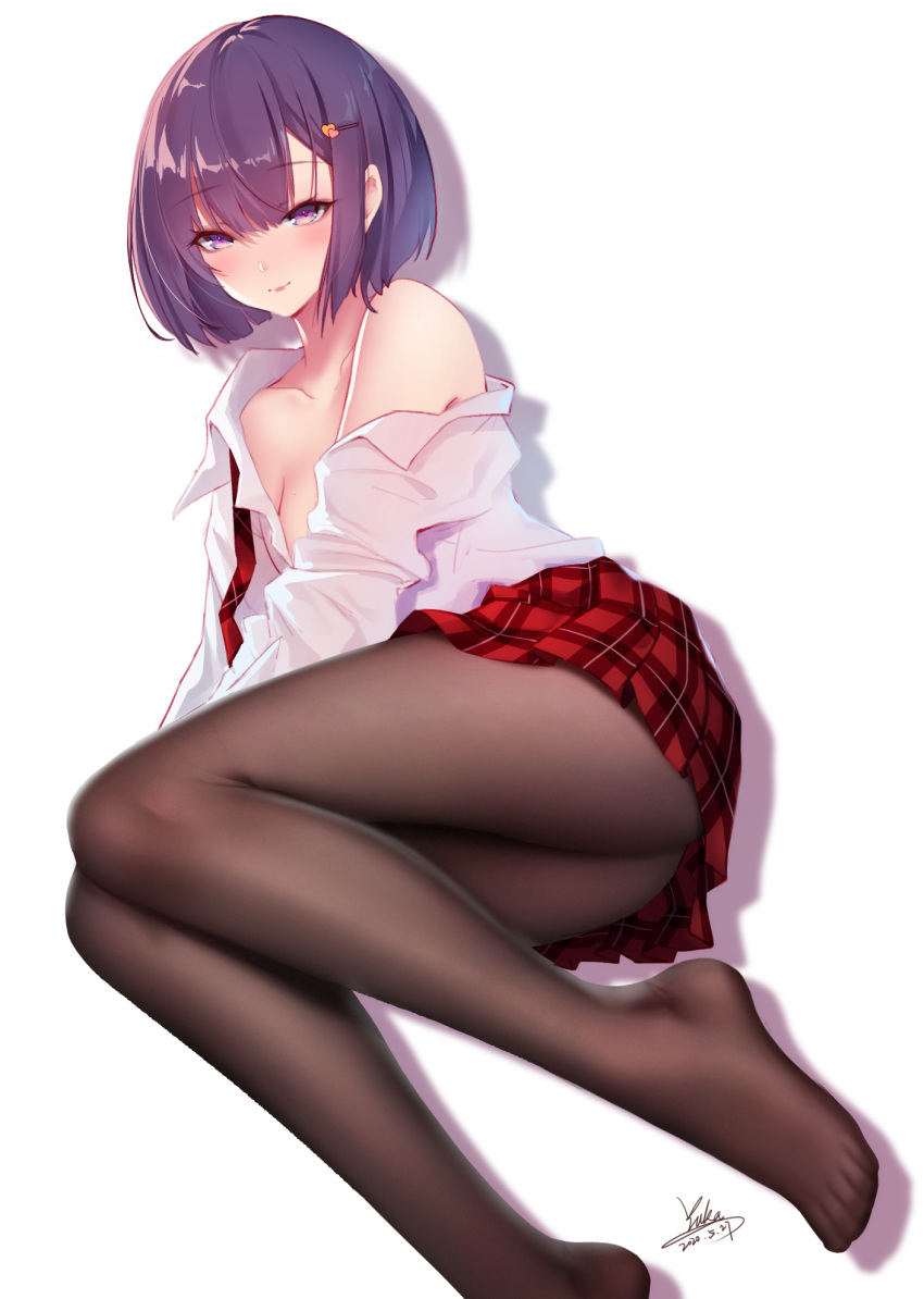 1girl artist_name ass bangs bare_shoulders black_legwear blush bob_cut breasts collarbone dated dress_shirt eyebrows_visible_through_hair feet hair_between_eyes hair_ornament hairclip highres knees_together_feet_apart light_smile looking_at_viewer lying no_shoes off_shoulder on_side open_clothes open_shirt original pantyhose plaid plaid_neckwear plaid_skirt pleated_skirt purple_hair red_neckwear red_skirt school_uniform shirt short_hair signature simple_background skirt solo violet_eyes yuanchuang