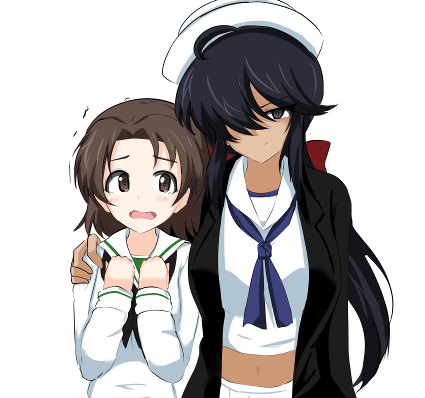 2girls absurdres aikir_(jml5160) arm_around_shoulder bangs black_coat black_eyes black_hair blouse bow coat commentary dark_skin dixie_cup_hat frown girls_und_panzer hair_bow hair_over_one_eye half-closed_eyes hands_on_own_chest hat highres long_hair long_sleeves looking_at_viewer midriff military_hat multiple_girls navel navy_blue_neckwear neckerchief ogin_(girls_und_panzer) ooarai_naval_school_uniform ooarai_school_uniform open_clothes open_coat open_mouth pleated_skirt ponytail red_bow sailor sailor_collar sawa_azusa scared school_uniform side-by-side skirt smirk standing tearing_up trembling white_blouse white_headwear white_skirt