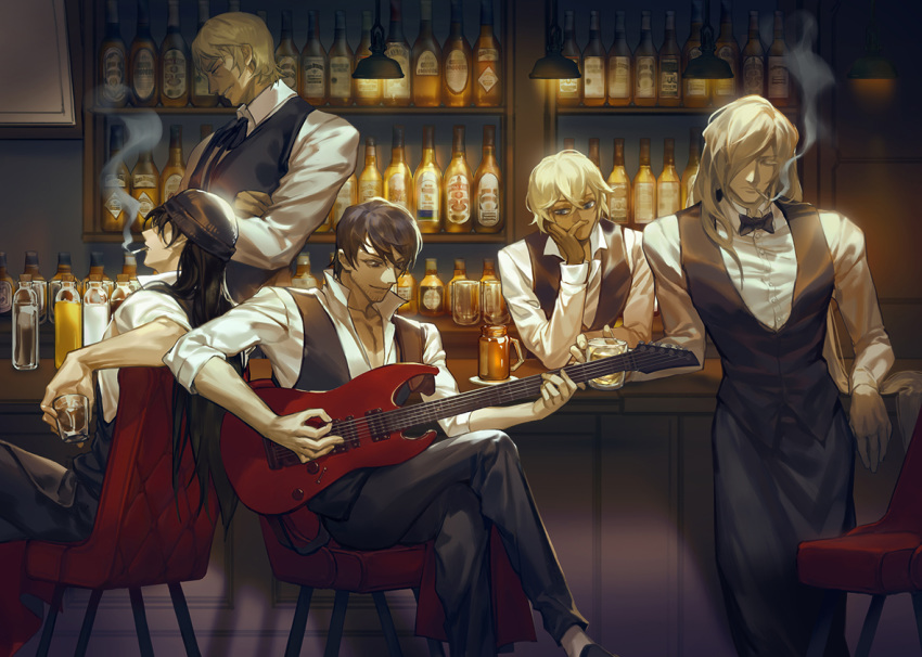 5boys akai_shuuichi alcohol amuro_tooru apron arm_rest bangs bar bartender beanie black_apron black_bow black_footwear black_hair black_headwear black_neckwear black_pants black_ribbon black_vest blonde_hair bottle bow bowtie brown_hair ceiling_light chair character_request cigarette closed_eyes collared_shirt counter covered_mouth crossed_arms crossed_legs cup dress_shirt drinking_glass electric_guitar facial_hair facing_viewer formal gin_(meitantei_conan) grin guitar hair_over_eyes hair_over_one_eye hangleing hat head_rest holding holding_cup holding_instrument indoors instrument leaning_back leaning_forward leaning_on_object long_hair looking_at_viewer looking_down male_focus meitantei_conan mug multiple_boys music one_eye_covered pants playing_instrument popped_collar profile ribbon saucer scotch_(meitantei_conan) shelf shirt shoes sitting sleeves_rolled_up smile smoking socks standing stubble suit swept_bangs very_long_hair vest whiskey white_shirt wine wine_bottle wing_collar wrinkles