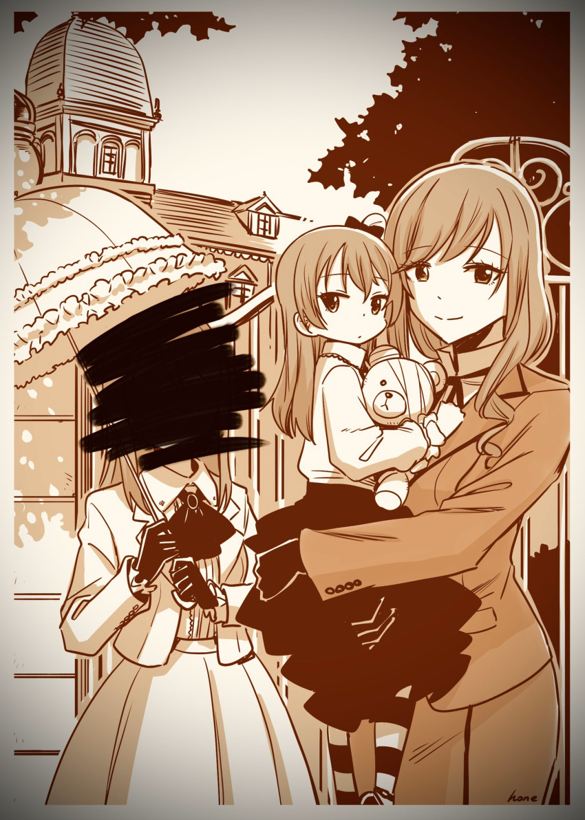 3girls artist_name ascot bandana boko_(girls_und_panzer) brown_theme building censored child child_carry closed_mouth collared_dress commentary crossed_out dress dress_shirt family family_portrait formal gate girls_und_panzer gloves hair_ribbon high_collar highres holding holding_stuffed_animal holding_umbrella hone_(honehone083) jacket looking_at_viewer medium_skirt mika_(girls_und_panzer) monochrome mother_and_daughter multiple_girls neck_ribbon outdoors pantyhose parasol ribbon sepia shimada_arisu shimada_chiyo shirt side_ponytail signature skirt skirt_suit smile striped striped_legwear stuffed_animal stuffed_toy suit umbrella younger