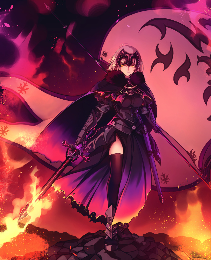 1girl absurdres ahoge armor armored_dress banner breasts cape chain fate/grand_order fate_(series) faulds flag full_body fur-trimmed_cape fur_trim gauntlets gorget headpiece highres holding holding_flag holding_sword holding_weapon huge_filesize jeanne_d'arc_(alter)_(fate) jeanne_d'arc_(fate)_(all) large_breasts plackart rlf_00 scabbard sheath silver_hair solo standard_bearer standing sword thigh-highs weapon yellow_eyes