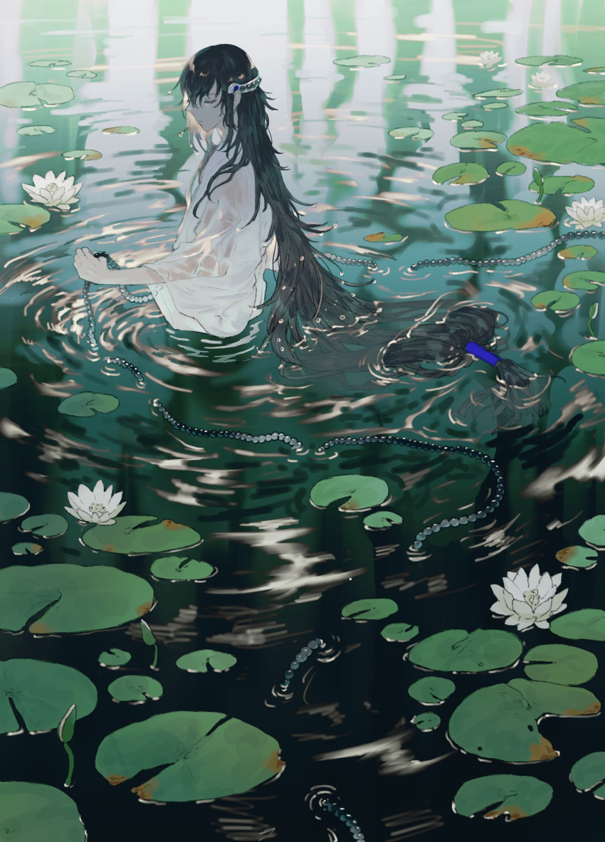 1boy beads black_hair closed_eyes day flower hair_ornament hair_tubes highres holding japanese_clothes juzumaru_tsunetsugu kaimen_mo kimono leaf lily_pad long_hair low-tied_long_hair male_focus nature outstretched_hand partially_submerged pond prayer_beads ripples solo touken_ranbu very_long_hair water wet wet_clothes white_flower white_kimono