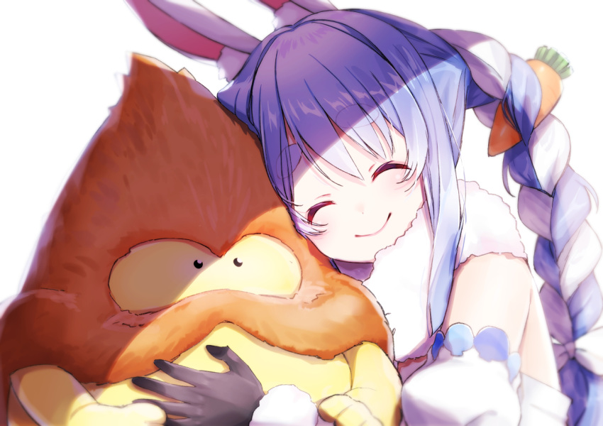 1girl animal_ear_fluff animal_ears bangs black_gloves blue_hair blush braid breasts bunny_girl carrot_hair_ornament coat commentary_request eyebrows_visible_through_hair food_themed_hair_ornament fur_collar fur_trim gloves gotounoriji hair_ornament holding hololive long_hair multicolored_hair rabbit_ears scarf simple_background smile solo thick_eyebrows twin_braids two-tone_hair usada_pekora virtual_youtuber white_background white_coat white_hair