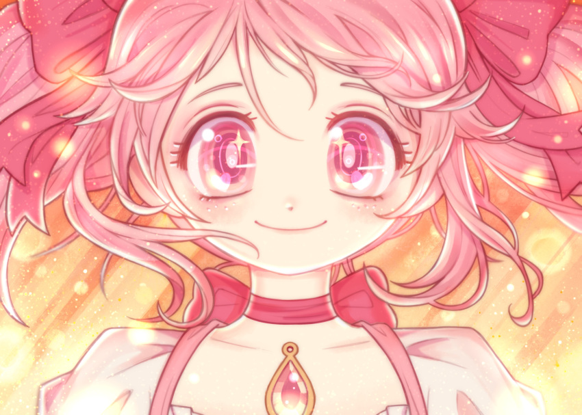 1girl absurdres big_eyes blurry blush bokeh chereverie choker close-up collarbone commentary depth_of_field derivative_work dot_nose english_commentary eyelashes face floating_hair freckles hair_between_eyes hair_ribbon happy heart heart_in_eye highres kaname_madoka light_particles looking_at_viewer mahou_shoujo_madoka_magica mahou_shoujo_madoka_magica_movie orange_background pink_choker pink_eyes pink_hair pink_neckwear pink_ribbon pink_theme puffy_sleeves ribbon ribbon_choker screencap_redraw shiny shiny_hair shiny_skin short_twintails sidelocks simple_background smile solo soul_gem sparkle sparkling_eyes striped striped_background symbol_in_eye twintails upper_body wide-eyed wind wind_lift yellow_background