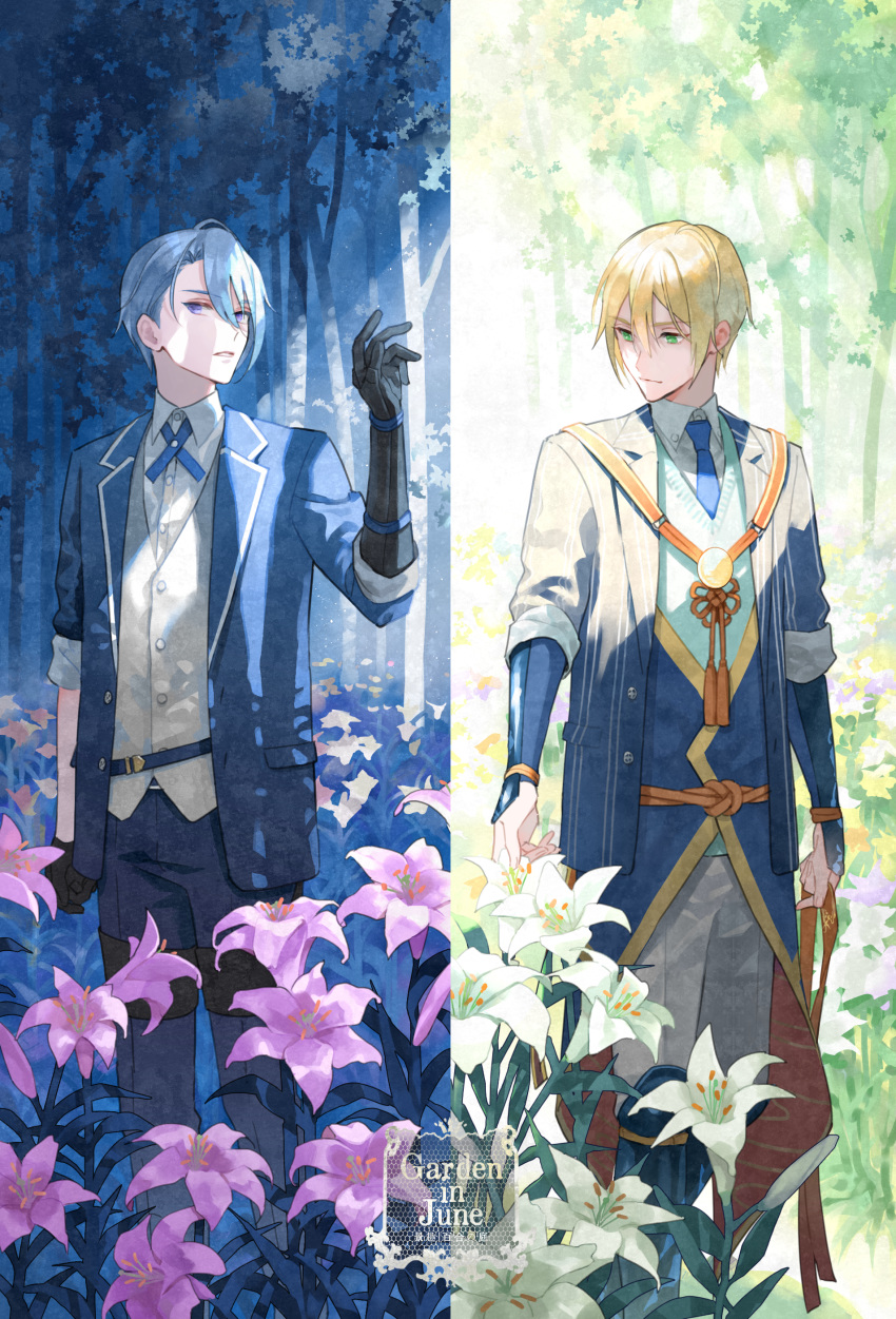 2boys absurdres ajinori_kome arm_at_side arm_guards arms_at_sides bangs black_gloves black_pants blazer blonde_hair blue_hair blue_jacket blue_neckwear boots brown_ribbon closed_mouth collared_shirt day day_and_night dress_shirt flower garden gloves green_eyes grey_pants grey_vest hair_between_eyes hand_up highres holding holding_flower jacket knot light_smile looking_at_viewer looking_away looking_down looking_to_the_side male_focus multiple_boys nature neck_ribbon necktie night open_clothes open_jacket outdoors pants parted_lips purple_flower ribbon shirt silver_hair sleeves_rolled_up split_screen standing sweater_vest sword tassel touken_ranbu tree vest violet_eyes walking weapon white_flower white_shirt yamanbagiri_chougi yamanbagiri_kunihiro