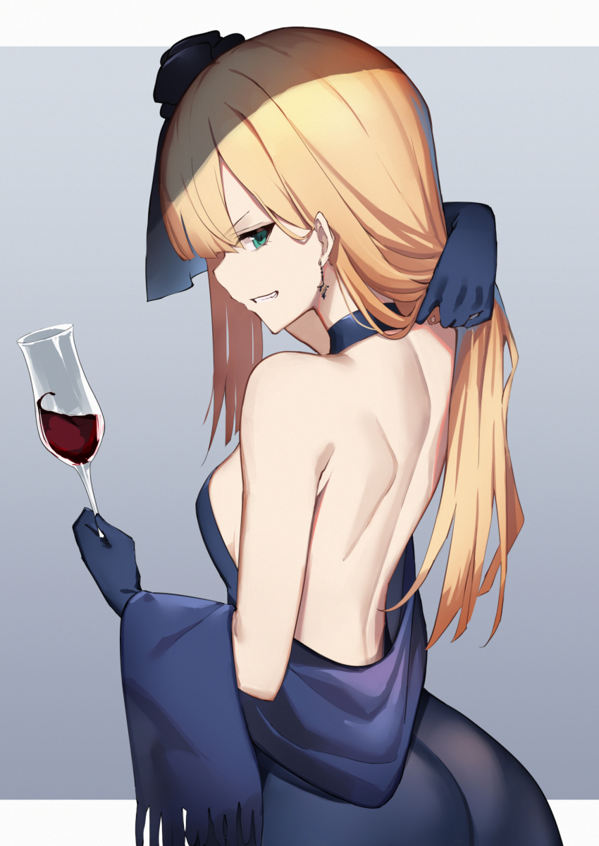1girl arm_up backless_dress backless_outfit bare_shoulders blonde_hair blue_dress blue_gloves breasts cocktail_dress cup dress drinking_glass earrings fate/grand_order fate_(series) gloves green_eyes grin hair_ornament halter_dress hand_behind_head highres holding holding_hair jewelry long_hair looking_at_viewer looking_back lord_el-melloi_ii_case_files medium_breasts profile reines_el-melloi_archisorte scarf shoulder_blades sleeveless sleeveless_dress smile smug solo upper_body wine_glass yuuuuu