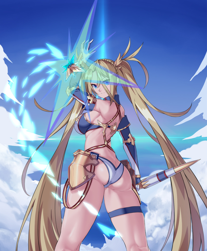 1girl arm_up ass back bangs bare_shoulders bikini blonde_hair blue_bikini blue_eyes blue_sky bradamante_(fate/grand_order) braid breasts closed_mouth crown_braid elbow_gloves energy_shield fate/grand_order fate_(series) faulds gloves hair_between_eyes hair_ornament highres large_breasts long_hair looking_at_viewer looking_back mrnn scepter shield sky smile swimsuit thigh_strap thighs twintails two-tone_bikini very_long_hair white_bikini