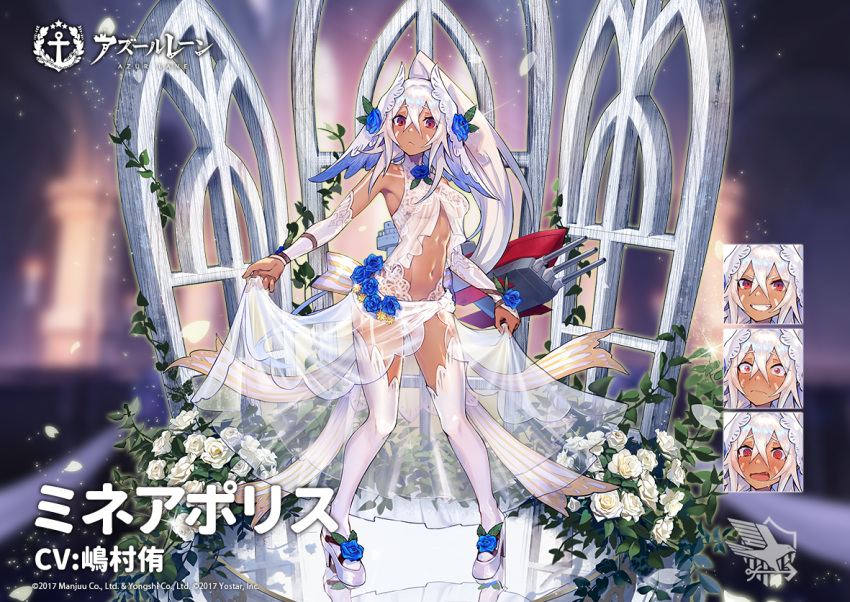 1girl azur_lane bangs bare_shoulders blue_flower blurry blurry_background blush bodypaint breasts closed_mouth commentary_request dark_skin dress eagle_union_(emblem) elbow_gloves eyebrows_visible_through_hair facepaint facial_mark flower full_body gloves gradient gradient_background hair_between_eyes hair_ornament large_breasts lifted_by_self long_hair looking_at_viewer looking_down mephist-pheles minneapolis_(azur_lane) native_american navel official_art ponytail red_eyes sleeveless sleeveless_dress solo thigh-highs wedding_dress white_dress white_gloves white_hair white_legwear