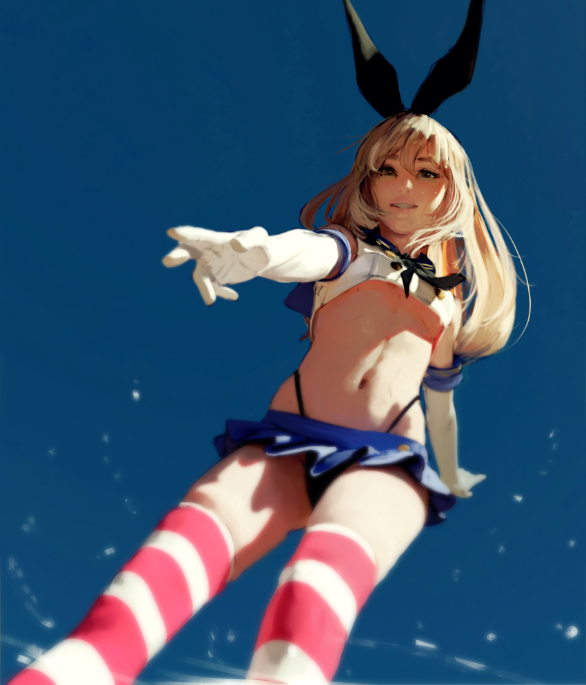 absurdres black_eyes blonde_hair bow breasts diathorn elbow_gloves from_below gloves hair_bow highres kantai_collection looking_down midriff miniskirt navel no_bra outstretched_arm pleated_skirt sailor_collar shimakaze_(kantai_collection) skirt smile striped striped_legwear thigh-highs thong under_boob zettai_ryouiki