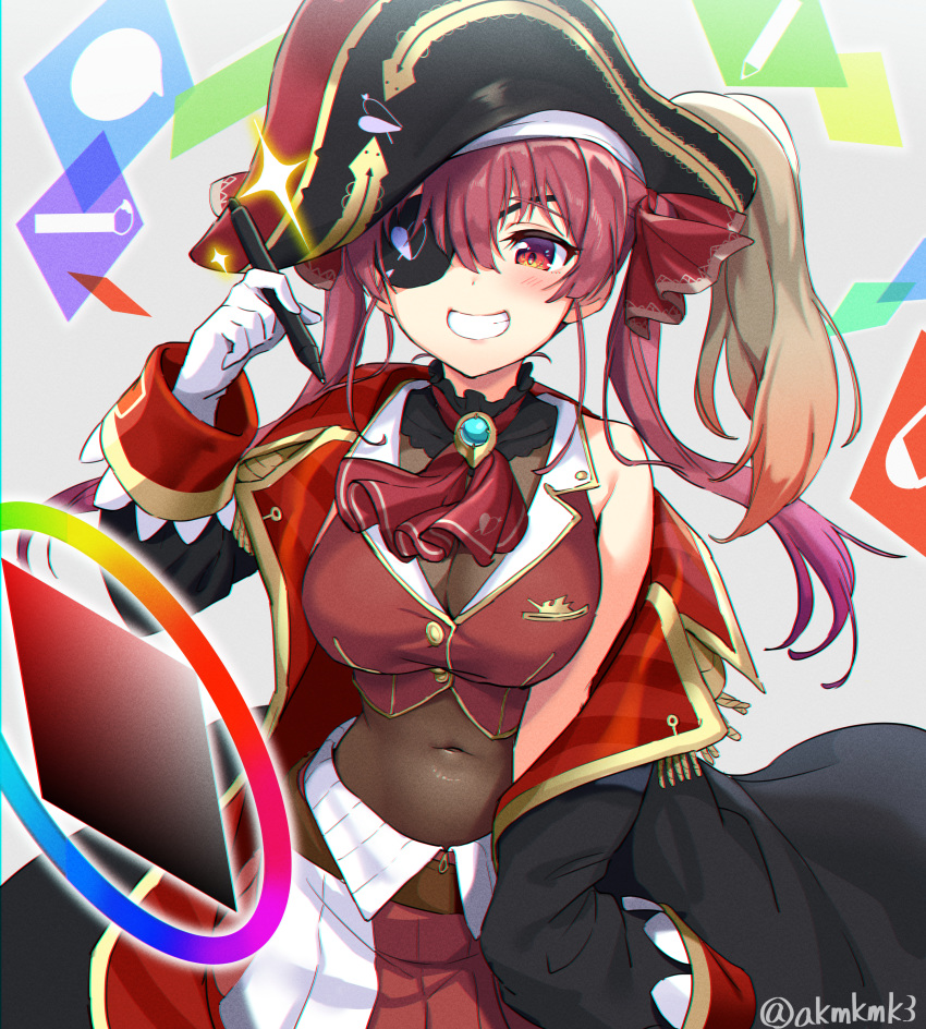 1girl :d absurdres bangs bare_shoulders bicorne breasts coat color_wheel covered_navel curcumin eyepatch flush gloves hat highres hololive houshou_marine huge_filesize large_breasts long_hair looking_at_viewer off_shoulder open_mouth palette pirate_hat red_eyes redhead ribbon skirt sleeves_past_wrists smile solo stylus twintails virtual_youtuber