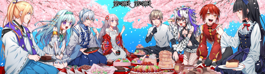 4boys 4girls :d animal_ears black_dress black_gloves black_hair blonde_hair cake cherry_blossoms china_dress chinese_clothes copyright_name dairoku_youhei dango dress feeding fingerless_gloves flower food fork gloves hair_flower hair_ornament headband honey ikurikaito light_blue_hair light_brown_hair long_sleeves looking_at_another macaron multicolored_hair multiple_boys multiple_girls open_mouth outdoors picnic ponytail purple_hair redhead ribbon-trimmed_sleeves ribbon_trim sitting slice_of_cake smile stitched third-party_edit two-tone_hair violet_eyes wagashi wariza white_hair wide_sleeves