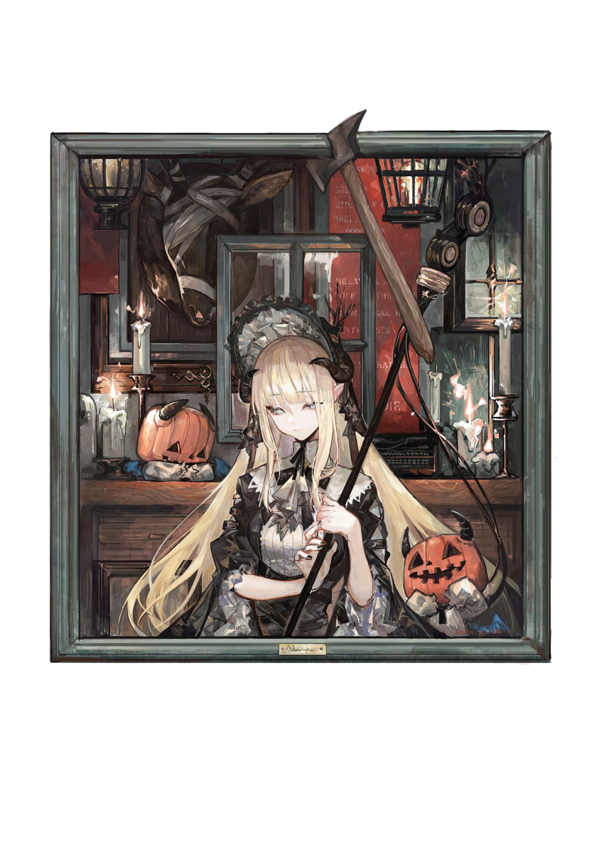 1girl arknights bangs black_dress black_headwear black_nails black_neckwear black_ribbon blonde_hair blunt_bangs bonnet breasts candle chinese_commentary closed_mouth commentary demon_horns doll dress eyebrows_visible_through_hair eyelashes fire grey_eyes halloween_costume hatchet highres holding holding_staff horns jack-o'-lantern lantern light_smile long_hair looking_at_viewer medium_breasts nail_polish neck_ribbon nightingale_(arknights) picture_frame pipidan ribbon smile solo staff straight_hair taxidermy upper_body