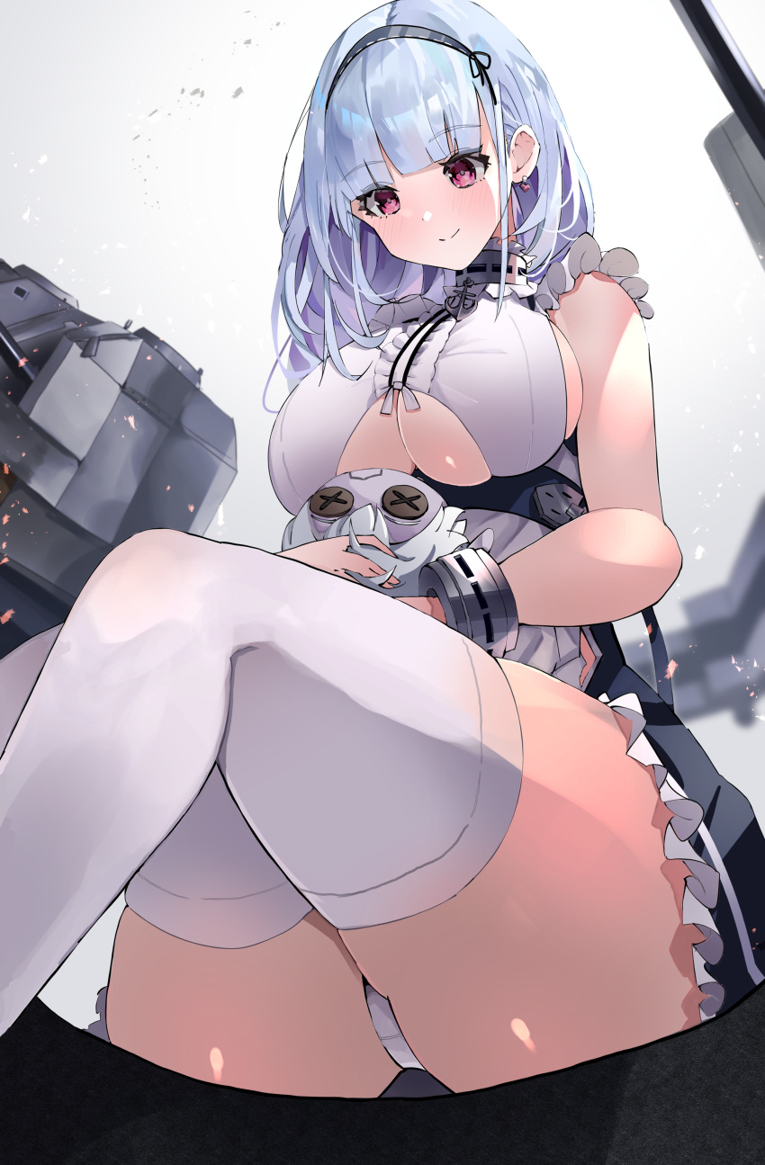 1girl absurdres anchor_choker apron azur_lane bangs bare_shoulders black_hairband blush breasts center_frills character_doll choker dido_(azur_lane) doll earrings ekaki_no_mime eyebrows_visible_through_hair frilled_choker frills gradient gradient_background hairband heart heart_earrings highres holding holding_doll jewelry lace-trimmed_hairband large_breasts long_hair looking_at_viewer maid maid_dress panties pantyshot silver_hair sitting sleeveless thigh-highs thighs turret under_boob underboob_cutout underwear violet_eyes waist_apron white_apron white_legwear white_panties