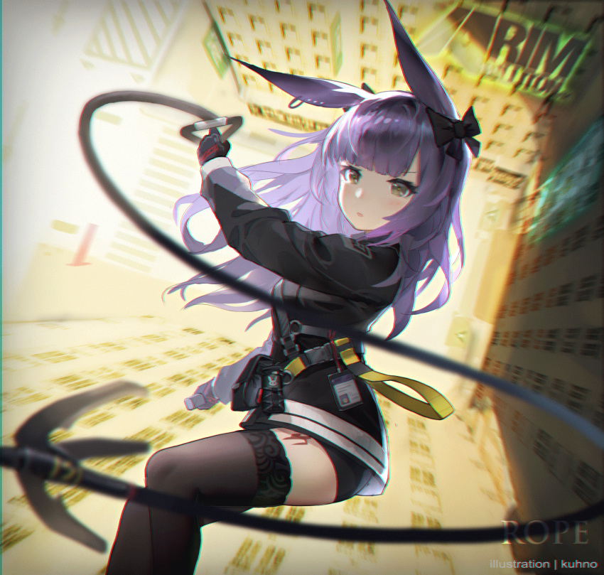 1girl animal_ears arknights artist_name bangs black_bow black_gloves black_jacket black_legwear blurry blush bow breasts character_name chromatic_aberration commentary_request day depth_of_field earrings falling feet_out_of_frame gloves grappling_hook grey_eyes hair_bow highres holding id_card jacket jewelry kuhnowushi logo long_hair long_sleeves medium_breasts open_mouth outdoors pouch purple_hair rabbit_ears rope_(arknights) snap-fit_buckle solo sunlight thigh-highs underwear
