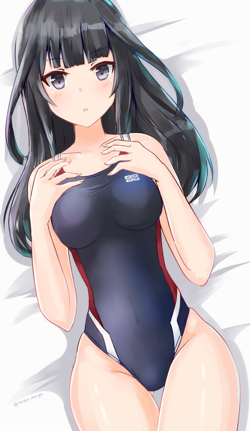 1girl agatsuma_kaede alice_gear_aegis ass_visible_through_thighs black_eyes black_hair black_swimsuit breasts collarbone competition_swimsuit cowboy_shot hands_on_own_chest highres long_hair looking_at_viewer lying medium_breasts one-piece_swimsuit rasen_manga solo swimsuit thigh_gap wide_hips