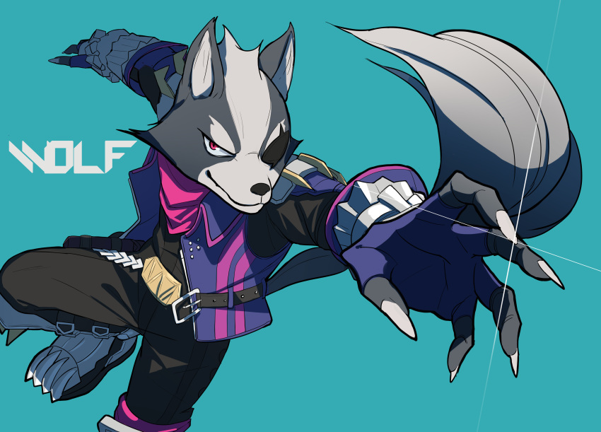 1boy absurdres animal_ears blue_background boots character_name claws eyepatch fami_(yellow_skies) furry grey_fur highres looking_at_viewer male_focus no_humans pants red_eyes simple_background star_fox tail two-tone_fur vambraces vest wolf_boy wolf_ears wolf_o'donnell wolf_tail