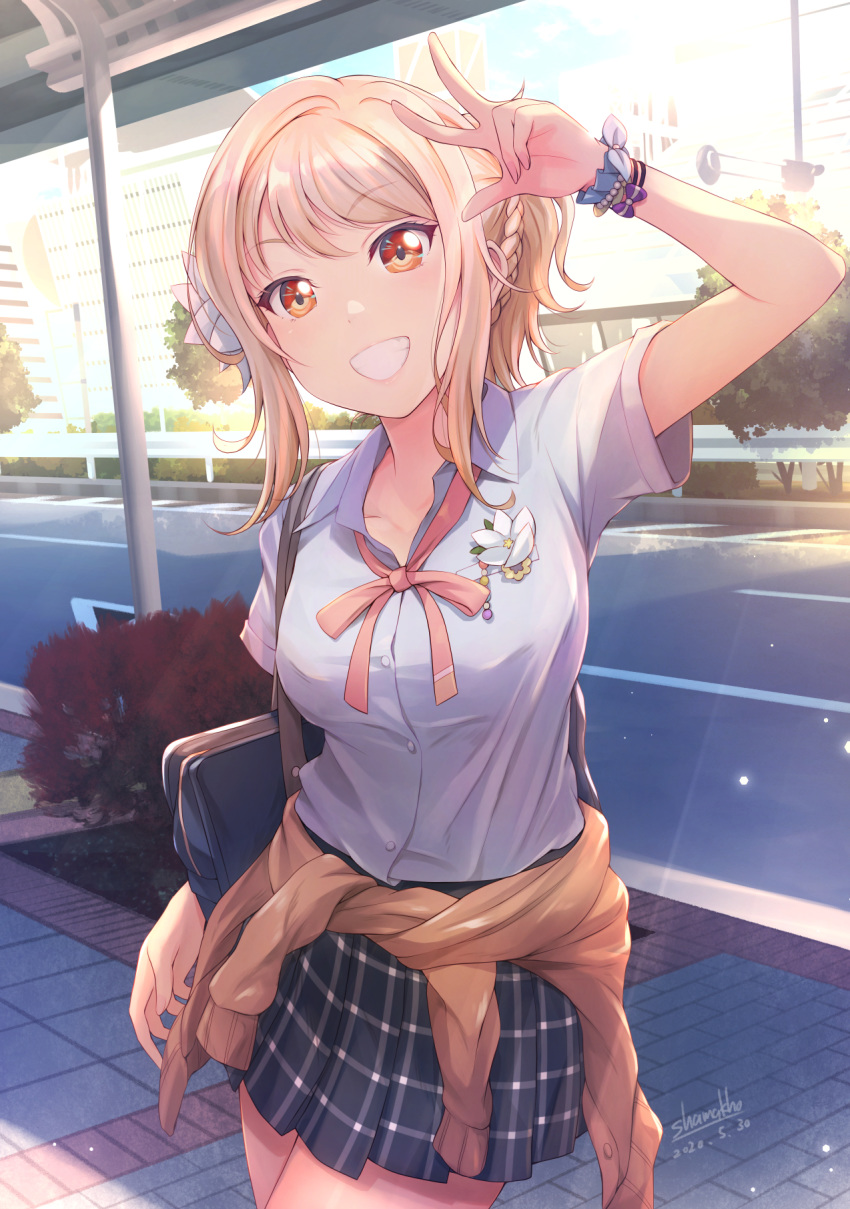 1girl arm_up bag bangs black_skirt blonde_hair braid brown_cardigan building bus_stop cardigan_around_waist city collarbone dated eyebrows_visible_through_hair flower grin hair_flower hair_ornament highres lamppost lapel_flower light_particles light_rays love_live! love_live!_school_idol_project miyashita_ai orange_eyes outdoors pavement plaid plaid_skirt pleated_skirt railing road school_bag school_uniform scrunchie shamakho shirt sidelocks signature skirt smile solo standing sunbeam sunlight teeth tree white_shirt wrist_scrunchie