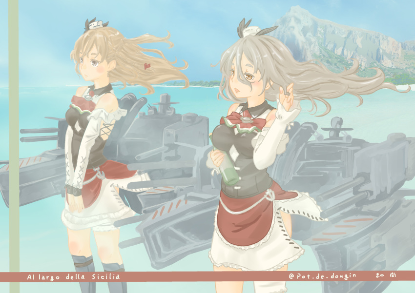 2girls absurdres bangs blonde_hair blush bottle braid breasts brown_eyes closed_mouth corset day french_braid grey_hair hair_between_eyes hat highres holding holding_bottle italian_text kantai_collection long_hair long_sleeves medium_breasts mini_hat mountain multiple_girls ocean open_mouth outdoors pola_(kantai_collection) pot-de rigging side_slit skirt sky twitter_username water wavy_hair wine_bottle zara_(kantai_collection)