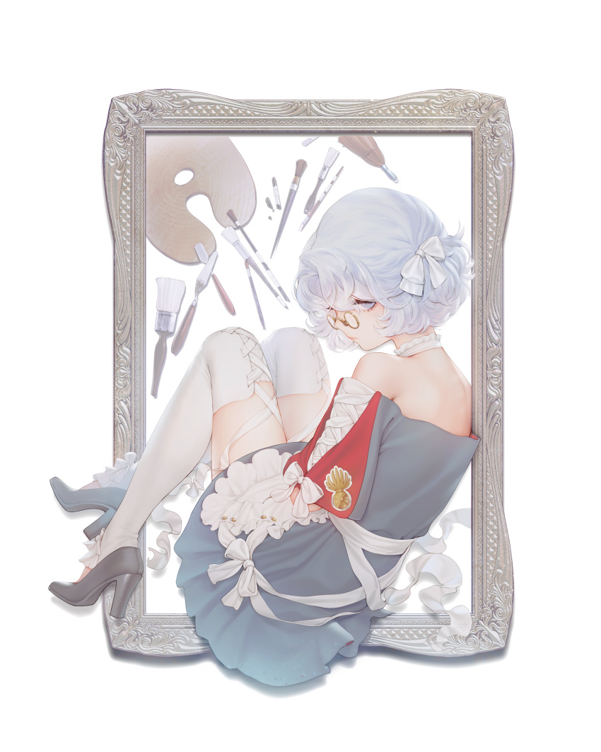 1girl absurdres bangs bare_shoulders bow choker closed_mouth glasses hair_bow high_heels highres looking_at_viewer paintbrush picture_frame quuni seijo_senki short_hair solo thigh-highs white_eyes white_hair