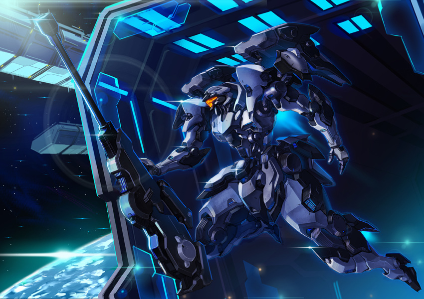 english_commentary gun holding holding_gun holding_weapon launching looking_to_the_side machi_(kjj6997) mecha navy no_humans open_hand original rifle science_fiction sniper_rifle space space_station visor weapon