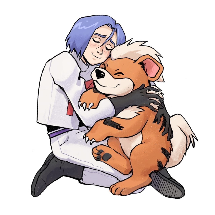 1boy closed_eyes gen_1_pokemon growlithe highres hug kojirou_(pokemon) pokemon pokemon_(anime) pokemon_(creature) smile yaaawny