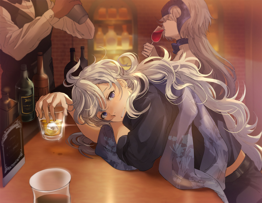 alcohol alternate_costume bar bartender black_shirt blush boba bow bowtie camelot_&amp;_co cocktail_shaker cup drinking drinking_glass drunk faceless faceless_female fate/grand_order fate_(series) holding jeanne_d'arc_(alter)_(fate) jeanne_d'arc_(fate)_(all) long_hair looking_at_viewer male_focus merlin_(fate) scarf shirt sipping smile solo vest violet_eyes white_hair white_shirt