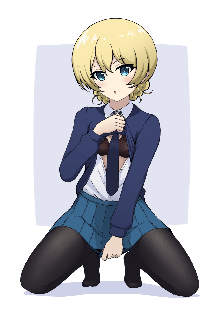 1girl :o absurdres bangs black_bra black_legwear black_neckwear blonde_hair blue_eyes blue_skirt blue_sweater bra braid clothes_lift darjeeling_(girls_und_panzer) dress_shirt eyebrows_visible_through_hair full_body girls_und_panzer grey_background highres kano_(nakanotakahiro1029) kneeling lifted_by_self long_sleeves looking_at_viewer miniskirt necktie no_shoes open_clothes open_shirt pantyhose parted_lips pleated_skirt school_uniform shadow shirt short_hair skirt skirt_tug solo st._gloriana's_school_uniform sweater sweater_lift tied_hair twin_braids underwear white_shirt wing_collar