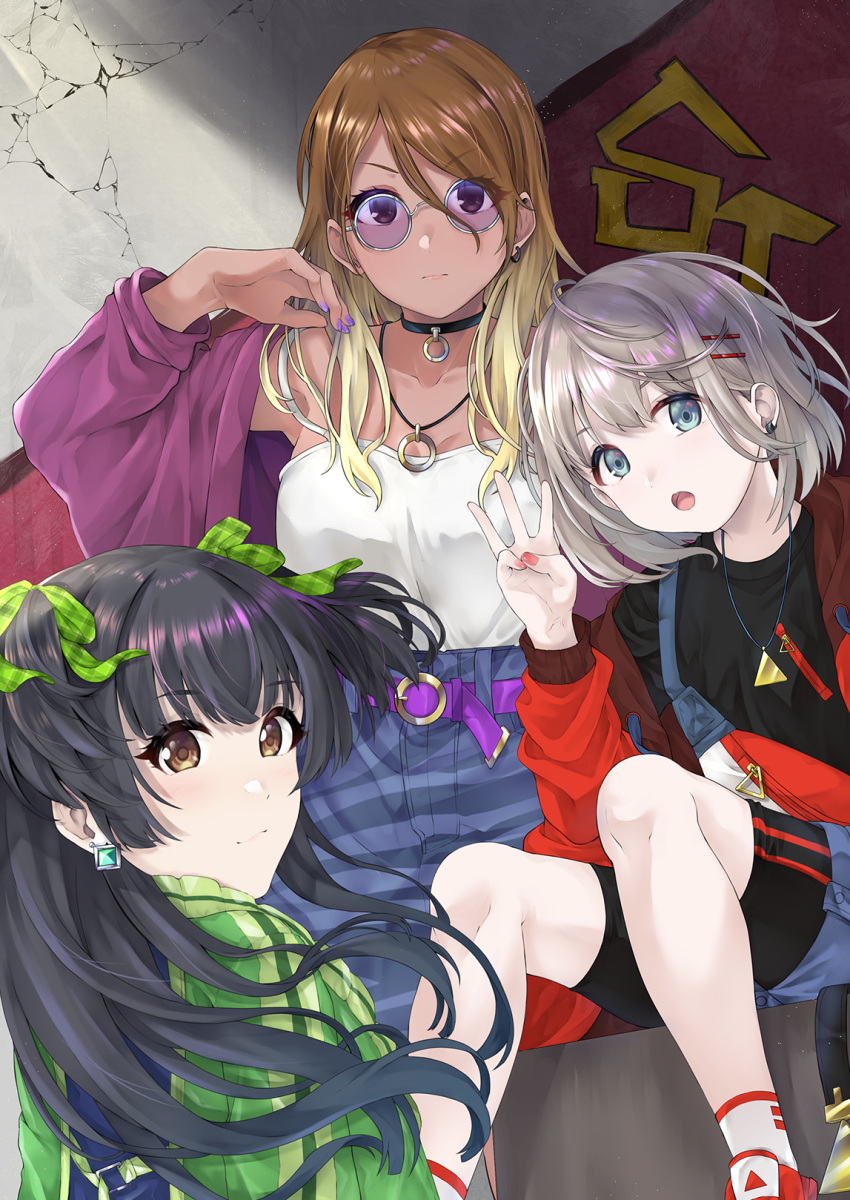 3girls belt bike_shorts black_hair blonde_hair blue_eyes brown_eyes brown_hair camisole choker cracked_wall earrings fanny_pack gradient_hair graffiti gyaru hair_ornament hair_ribbon hairclip highres idolmaster idolmaster_shiny_colors izumi_mei jacket jewelry long_eyelashes long_hair mayuzumi_fuyuko mogamitoki multicolored_hair multiple_earrings multiple_girls nail_polish necklace ribbon serizawa_asahi shirt shoes short_hair silver_hair sitting skirt sneakers socks strap_slip straylight_(idolmaster) sunglasses tan tinted_eyewear two_side_up w