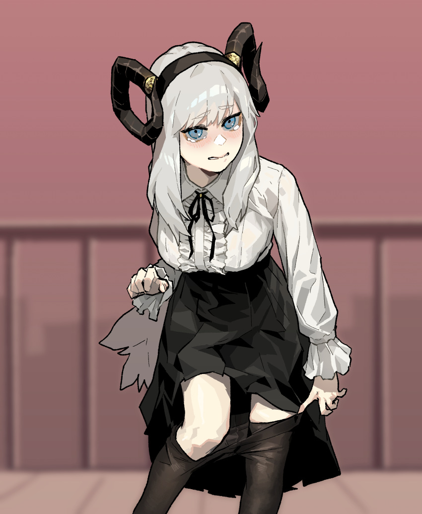 1girl absurdres black_hairband black_legwear black_neckwear black_ribbon black_skirt blouse blue_eyes blush breasts clenched_teeth curled_horns eyebrows_visible_through_hair gogalking grey_hair hairband highres horn_ornament large_breasts leaning_forward long_hair long_skirt long_sleeves looking_at_viewer neck_ribbon original pantyhose pantyhose_pull pleated_skirt pulled_by_self ribbon scared skirt solo symbol_commentary tears teeth very_long_hair white_blouse