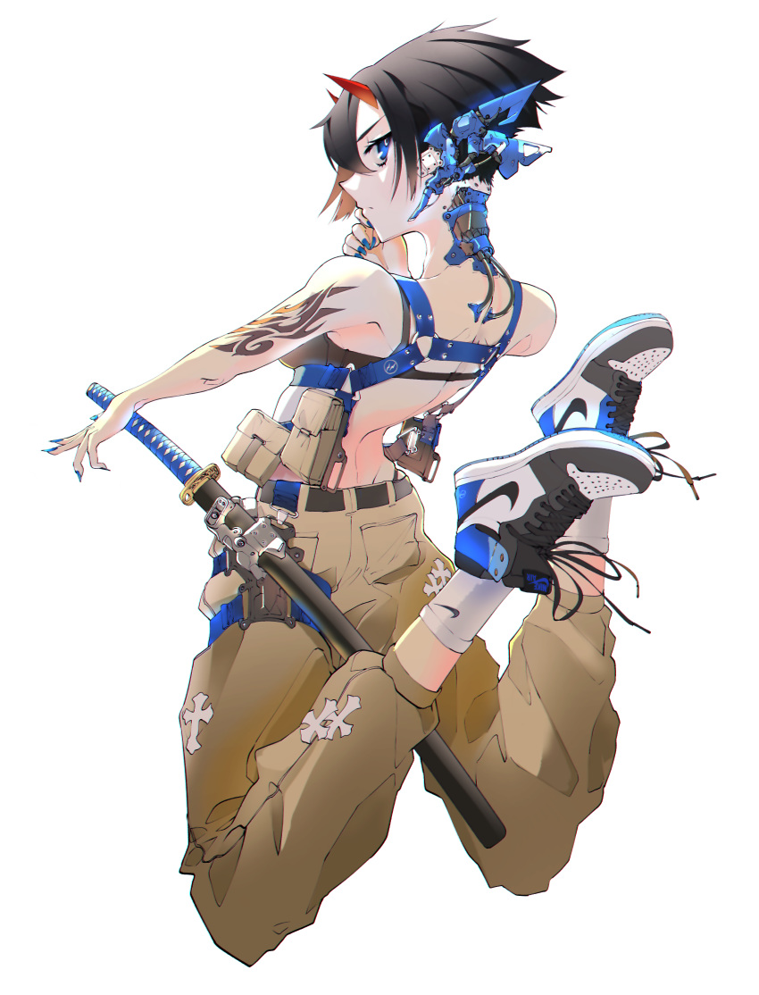 1girl absurdres belt black_hair blue_eyes blue_nails closed_mouth cross fingernails from_behind full_body hand_on_own_face highres katana looking_at_viewer looking_back mechanic nail_polish nike oni_horns original pants pouch sharp_fingernails sheath sheathed shoes short_hair simple_background socks solo sword tattoo vinne weapon white_background