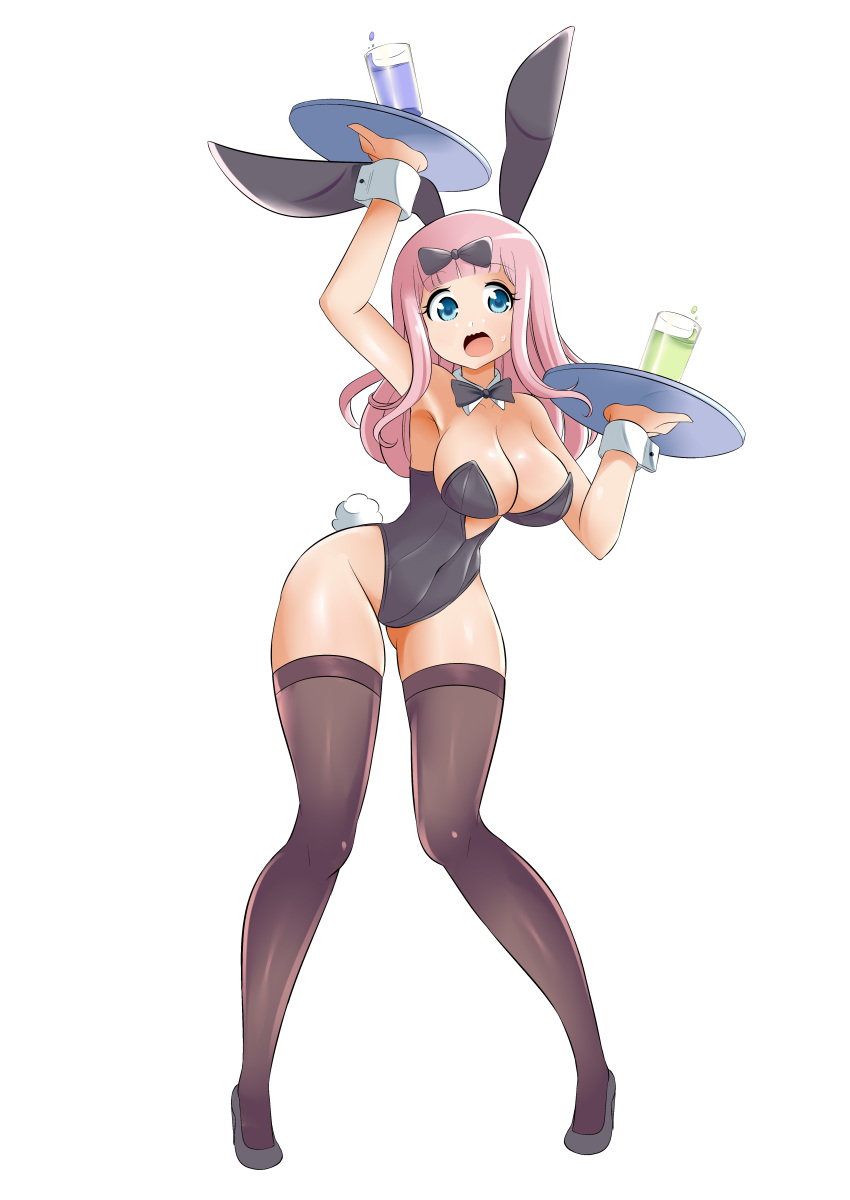 absurdres animal_ears black_legwear blue_eyes bow breasts bunny_tail bunnysuit fujiwara_chika highres kaguya-sama_wa_kokurasetai_~tensai-tachi_no_renai_zunousen~ large_breasts long_hair open_mouth pink_hair rabbit_ears tail thigh-highs zanatemx