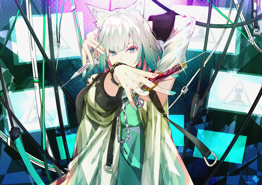 1girl absurdres animal_ear_fluff animal_ears arknights bare_shoulders cno detached_sleeves fingernails fox_ears glint green_eyes green_jacket green_nails highres holding holding_syringe jacket kal'tsit_(arknights) monitor see-through signature sleeves_rolled_up solo syringe watch white_hair